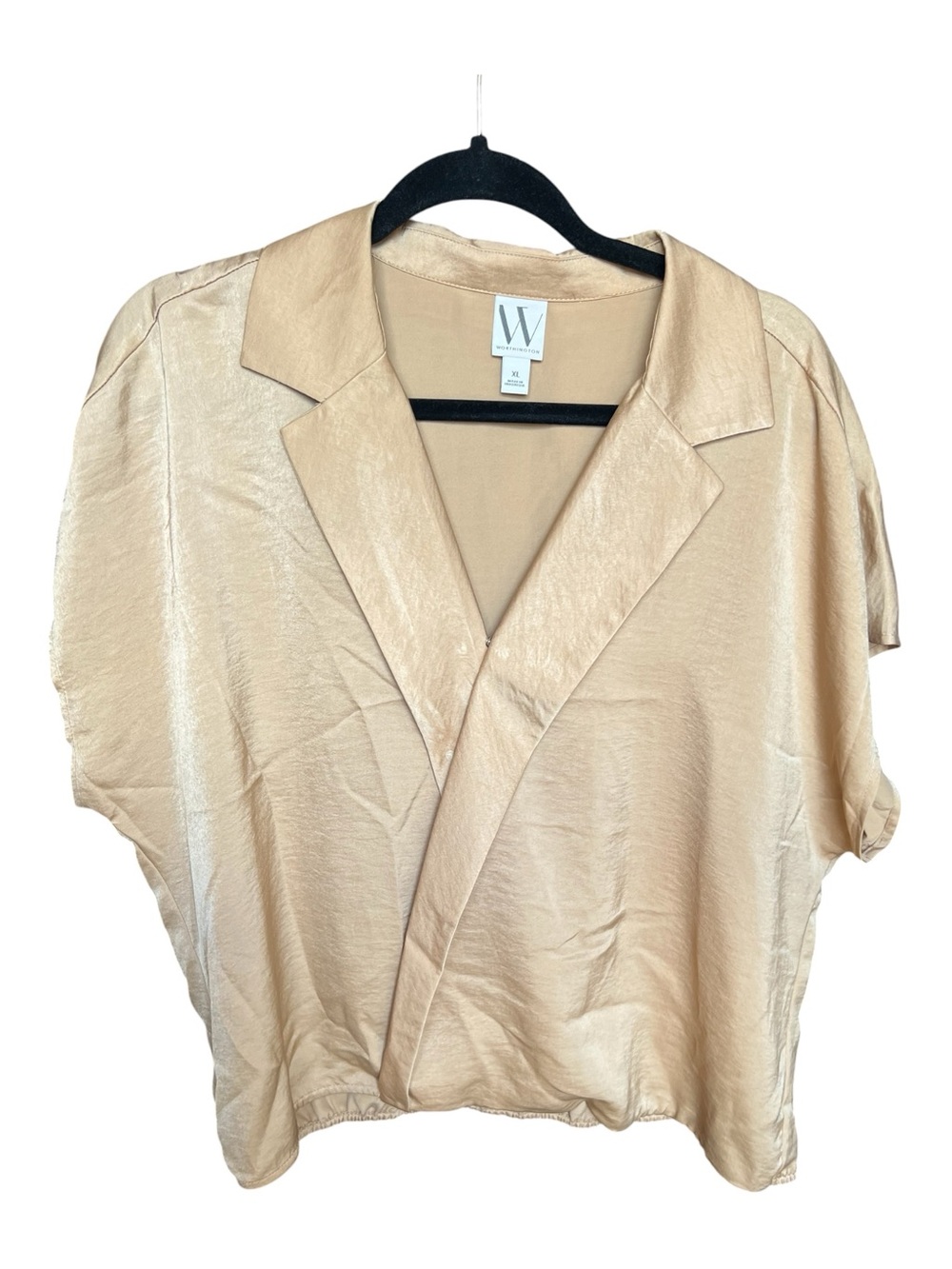 W by Worth Champagne Satin Short Sleeve Wrap Blouse